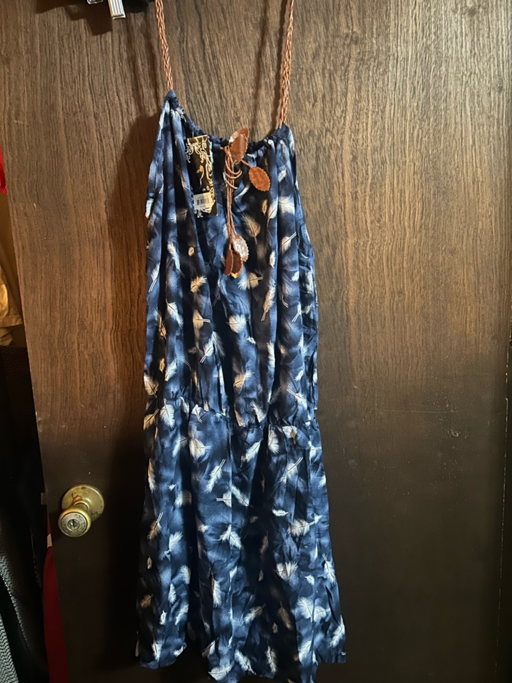 Blue Feather Print Maxi Dress with Braided Straps